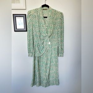 Vintage Patterned Green Light Yellow Long Sleeve Midi Dress